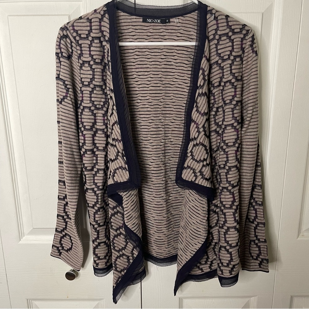 Nic + Zoe Textured Waterfall Open Front Tan Black Cardigan Medium